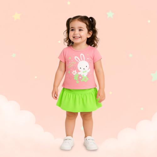 Image of Kidbea Baby Girl Bunny Print Cotton T-Shirt with Green Skirt Set | Cute & Comfy Casual Wear for Infant & Kids (Pink, 18-24 Months)