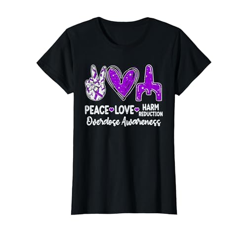 Peace Love Harm Reduction Overdose Awareness Ribbon Purple T-Shirt, Women, Black, XX-Large