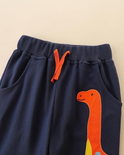 Irsutey Toddler Boy's Drawstring Elastic Pants with Dinosaur Embroidery Cartoon Pattern Cotton Jogging Pants Casual 1-7Y4