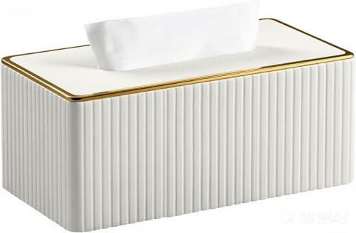 Richblue ティッシュケース ティッシュボックス PUレザー 箱ティッシュ ゴールド縁取り 縦ストライプ おしゃれ ティッシュケース 高級 ティッシュボックス リビング用 (ホワイト)