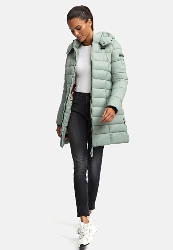 MARIKOO Damen langer Wintermantel warmer Steppmantel mit abnehmbarer Kapuze Abendsternchen Smokey Mint Gr. L