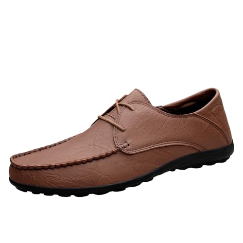Men's Leather Round Toe Flat Lace-Up Loafers Slip-On Comfort Non-Slip Soft-Sole Moccasin Loafers Fashion Casual Business Formal Shoes