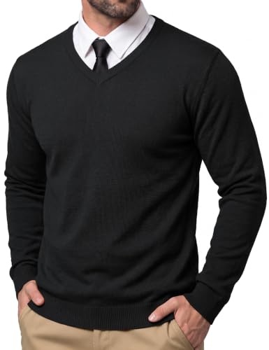 CRYSULLY Mens V Neck Pullover Sweaters Ribbed Knit Long Sleeve Solid Dress Sweater Casual Fall Winter Undershirt Black M