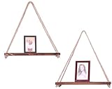 Rustic Set of 2 Wooden Floating Shelves with String – Farmhouse Hanging Shelves for Living Room...
