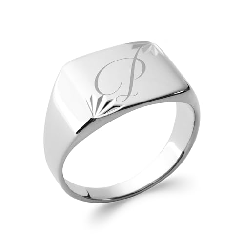 Tata Gisèle Bague Chevalière Mixte en Argent 925/000 Rhodié - Rectangle Strié - Gravure Incluse - Ecrin Offert (56)