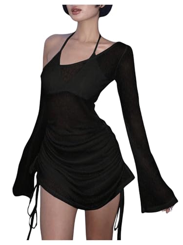 GORGLITTER Women's One Shoulder Swimsuit Coverups Dress Bell Long Sleeve Drawstring Beach Vacation Summer Dresses 2025