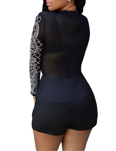 Women's Mesh Tops Glitter Sparkle Rhinestone Shirts See Through Tees Sheer Going Out Blouse2