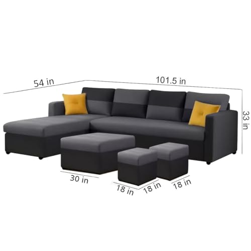 Image of FURNY Arno 8 Seater Fabric Sectional LHS L Shape Sofa Set with 1 Centre Table & 2 Ottomans (Dark Grey-Black)