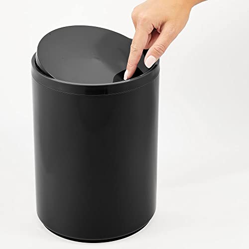Image of mDesign Plastic Small Slim Round 1.7 Gallon /6.5 Liter Trash Can with Removable Swing Lid - Wastebasket, Garbage Container Basket Bin for Master /Guest Bathroom - Holds Rubbish /Recycle - Black