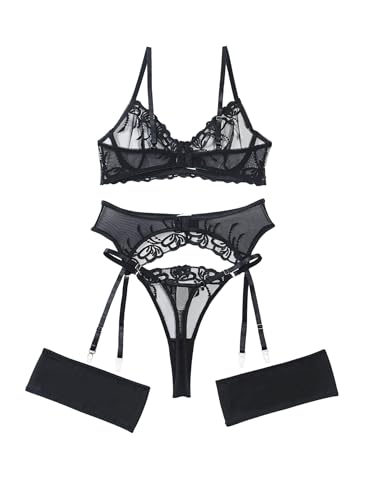 Image of Lilosy Sexy Leaf Floral Embroidered Mesh Sheer Women Underwire Push Up Lingerie Set