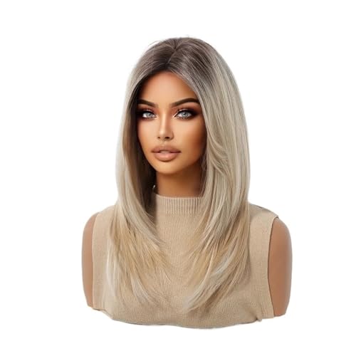 Perruque synthétique dorée avec frange soignée pour femme mi-longue ondulée