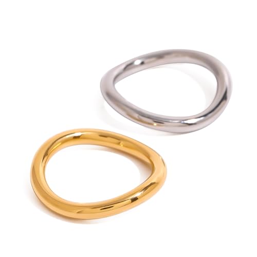 Waterproof Non Tarnish Gold Stackable Rings for Women - Water Resistant Tarnish Free Wave Chunky Rings - Stainless Steel Gold Rings for Women3