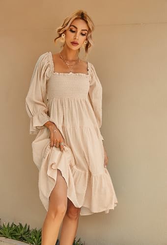 R.Vivimos Women's Summer Cotton Plaid Puff Sleeves Bow Casual Off-Shoulder Boho Midi Dress4