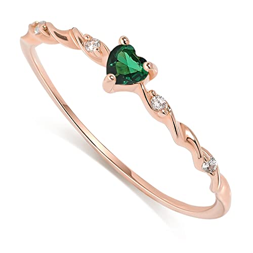 Anillos Chapados en Oro con Esmeralda, Piedra de Nacimiento para Mujer Anillo Apilable en Forma de Corazón de Plata de Ley 925 Hecho a Mano Amistad Piedra de Nacimiento de Mayo, Oro Rosa Talla 10.5