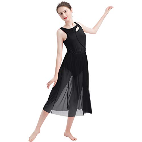 Lyrical Dance Costumes For Women Contemporary Dancewear Sleeveless Cut Out Front Mesh Tulle Maxi Dress Ballet Leotard Tank Bodysuit One-Piece Dance Costumes For Competition Practice Latin Black M #TOP4