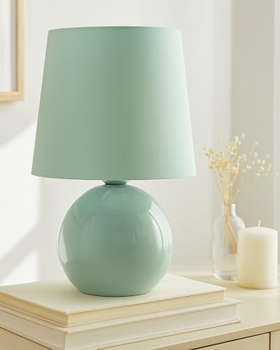 Homesake® Bedside Ceramic Incandescent Table Lamp,Classic Desk Lamp for Living Room Bedroom,Farmhouse Nightstand Lamps Round with Fabric Shade(Mint Green)