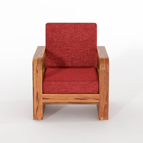 Image of Solid Sheesham Wooden 1 Seater Sofa for Living Room | Sofa with Side Pocket Storage & Cushion | Rosewood Sofa Set for Home (Honey with Red Cushion, 1 Seater)