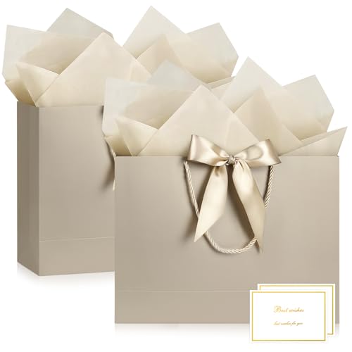 Image of JMANNI Gift Bags with Handles, 14.6 inch Large Gift Bags with Tissue Paper | 2 Pcs Champagne Gold Bags, 4 Tissue Paper and 2 Cards, for Baby Shower, Wedding Bridal Shower, Birthday Party