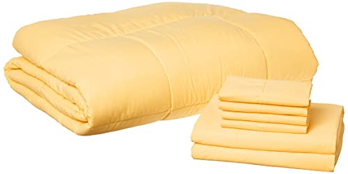 Sweet Home Collection 7 Piece Comforter Set Bag Solid Color All Season Soft Down Alternative Blanket & Luxurious Microfiber Bed Sheets, Yellow, Queen