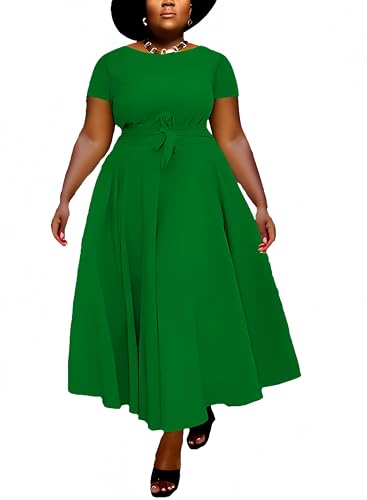 Image of Hostoyo Women Plus Size Formal A Line Maxi Dress Self Tie Waist with Pockets Elegant Round Neck Swing Long Dresses