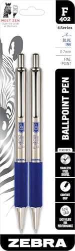 Zebra Pen F-402 Stainless Steel Retractable Ballpoint Ink Pens 2-Pack, Blue Ink, 0.7mm Fine Point, Easy-Glide Ink, Non-Slip Grip, Metal Clip, Refillable with F-Refill (29222)