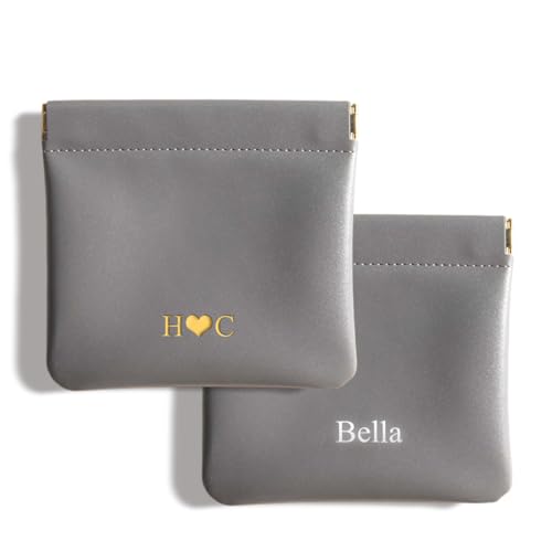 Custom Small Makeup Bag Squeeze Top for Women 2 Pack, Personalized Leather Mini Cosmetic Purse for Travel, Coin Organizer Storage Pouch (Light-grey)