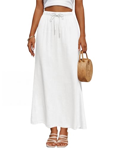 Facogoo Womens Linen Maxi Skirt Drawstring Back Slit Elastic High Waisted Flowy 2026 Summer White Long Skirts for Women