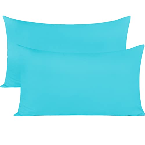 Image of Soft Pillow Covers 19 x 30 Inches - Egyptian Cotton 600 Thread Count Set of 2 Pillow Cover Set Envelope Closure Hotel Quality Pillowcase - Turquoise Blue