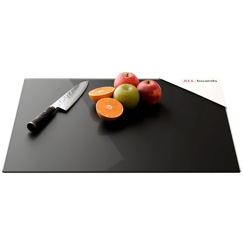 ALLboards Plaque de Protection en Verre Trempé Universel et Multifonction 60x52cm avec Style Noir Sombre, Planche à Découper, Plateau en Verre