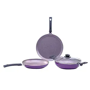 Wonderchef Valencia Non-Stick Cookware 4 Piece Set, Kadhai with Lid, Fry Pan, Dosa Tawa, Induction Friendly Design, Cool Touch Bakelite Handles, Pure Grade Aluminium, PFOA Free-2 Yrs Warranty, Purple at Rs. 1499