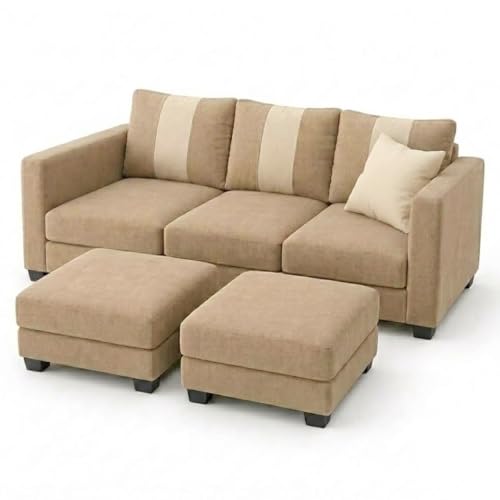 Image of Revo 5 Seater L Shape Sofa Set with 2 Movable Ottomans | Flexible Layout | Luxury Velvet Suede Fabric | Modern Living Room Sofa | Beige