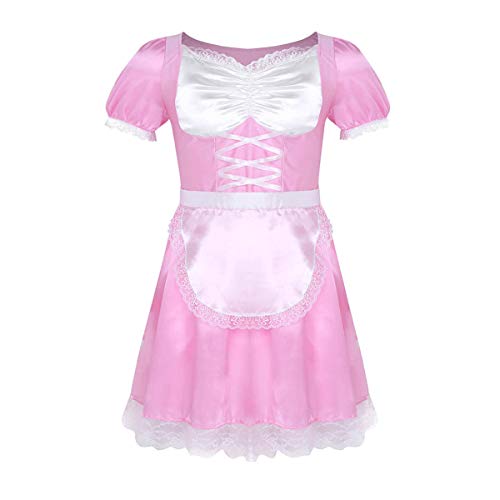 YONGHS Men's Sissy Crossdress Pajamas Outfit Frilly Satin French Maid Uniform Fancy Dress