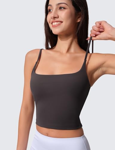 Image of Womens Scoop Neck Longline Sports Bra U Back Adjustable Strap Double Lined Workout Crop Tank Top with Built in Pads