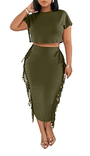 Image of YUEWOO 2 Piece Outfits for Women Sexy Crop Top Ruched Bodycon Maxi Dresses Fringe Skirt Sets Night Club Jumpsuits