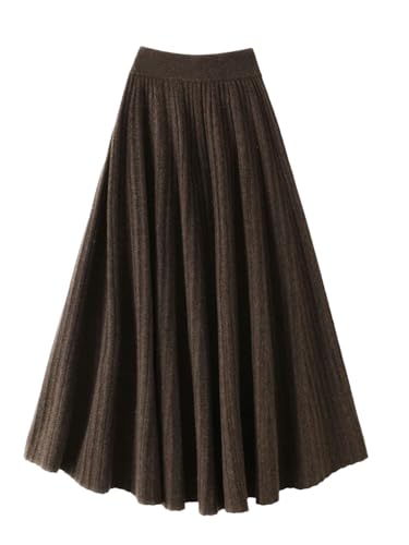 Women Fall Winter Knitted 100% Wool Skirt High Waist Pleated Long Skirts Brown M