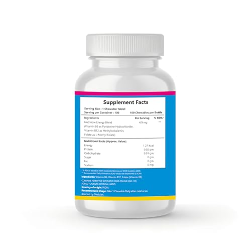 Image of Methyl B12 & Folate Chewable Tablets | Vitamin B12 (Methylcobalamin), Vitamin B6 & Folate Supplement for Nerve Support, Brain Wellness & Energy Metabolism | 60 Tablets