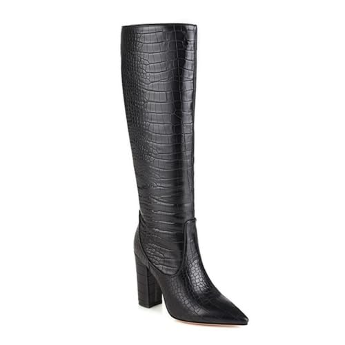 Bottes de mode pour femmes à bout pointu et talons hauts carrés mi-mollet