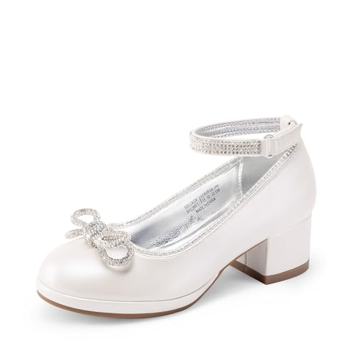 Image of DREAM PAIRS Girls Dress Shoes Platform Chunky Heel Ankle Strap Princess Flats Flower Party Wedding Pump for Little Big Kid,Size 13 Little Kid,Ivory,SDFL2422K