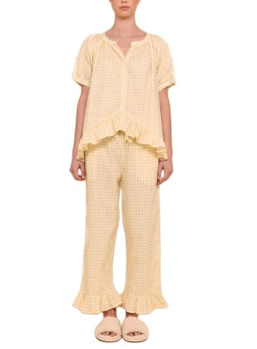 Image of Argeousgor Women Plaid 2 Piece Pajama Set Button Down Puff Sleeve Babydoll Shirt Gingham Pants Pj Lounge Set Sleepwear