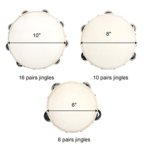 Tosnail Set Of 3 Wooden Tambourine, 10", 8", 6" Hand Held Drum Bell, Double Rows Metal Jingles, Musical Gift Educational Instrument For Kids And Adults #TOP1