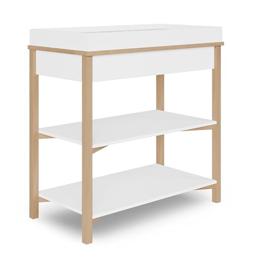 Dream On Me Owen Changing Table in Vintage White Oak, JPMA Certified, with Two Bottom Shelves for Storage.