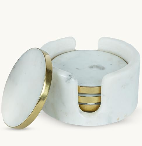Image of Dreamy Walls 4'' White Marble Coasters with Holder for Drinks, Tabletop & Coffee Table | Easy Clean, Non-Slip & Heat-Resistant, Party /Office /Home Decor | 4 Inches, Set of 4, Gold Brass Rim, Round