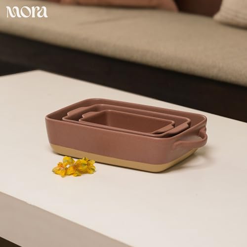 Image of Mora Ceramic Baking Dish with Handles For Casserole, Lasagna, Gratin, Broiling, Roasting, and Baking. Large 9x13 in Pan, Extra Deep - Porcelain Serving Bakeware from Oven to Table. Freezer Safe - Teracotta