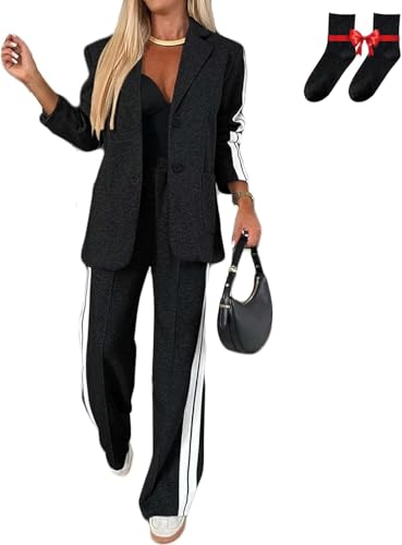 Jasperbelly Women's Lapel Long Sleeve Casual Suit, Jasper Belly Fall Loose Jacket and Wide Leg Pants with (Black, L)