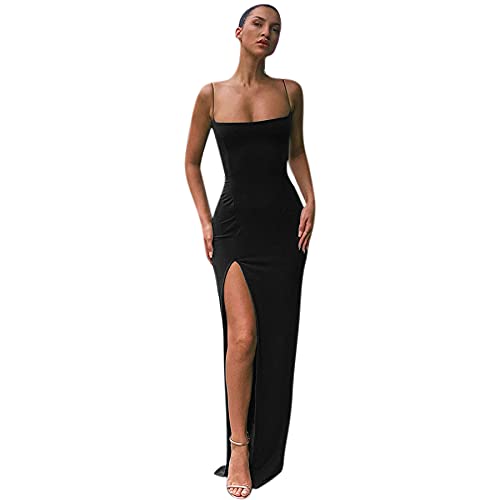 Damen Sexy Spaghettiträger Rückenfrei Oberschenkel Hoch Schlitz Bodycon Kleid Party Club Weihnachten Maxi Lange Kleider, schwarz, Groß Cover