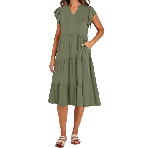 Maxi Dresses for Women 2025 Sundress Ruffle Sleeve V Neck Dress Ruched Elegant Swing Dress with Pocket2