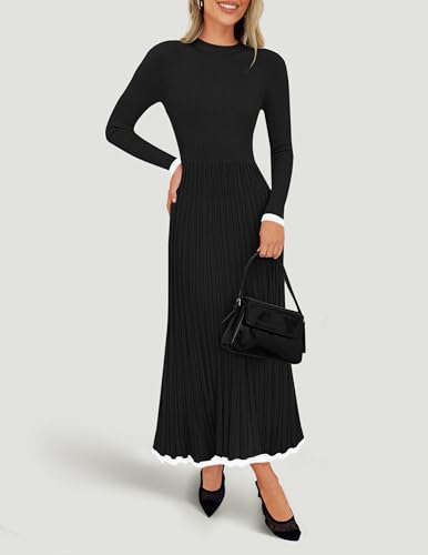 ZESICA Women's Long Sleeve Sweater Dress Fall 2025 Crewneck Ribbed Knit Pleated A-Line Maxi Wedding Guest Dresses3