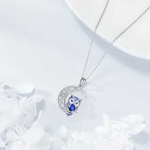 Owl Birthstone Necklace Sterling Silver Celtic Moon Pendant Cubic Zirconia Owls Jewelry Birthday Gifts for Women Men4