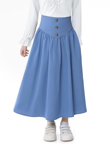 Image of Girl Maxi Skirt Elastic High Waist A-Line Long Skirt Smocked Waistband with Drawstring and Pockets 3-12 Years