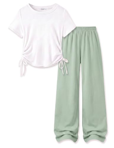 Image of Arshiner Girls 2 Piece Outfit Ruched Drawstring Tops and Wide Leg Pants Set